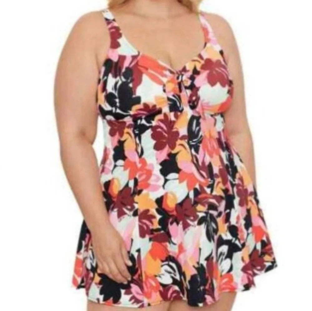 Swim‎ Solutions Floral Botanical Beauty Bow Front Swimdress Black Multicolor 24W - Picture 2 of 14